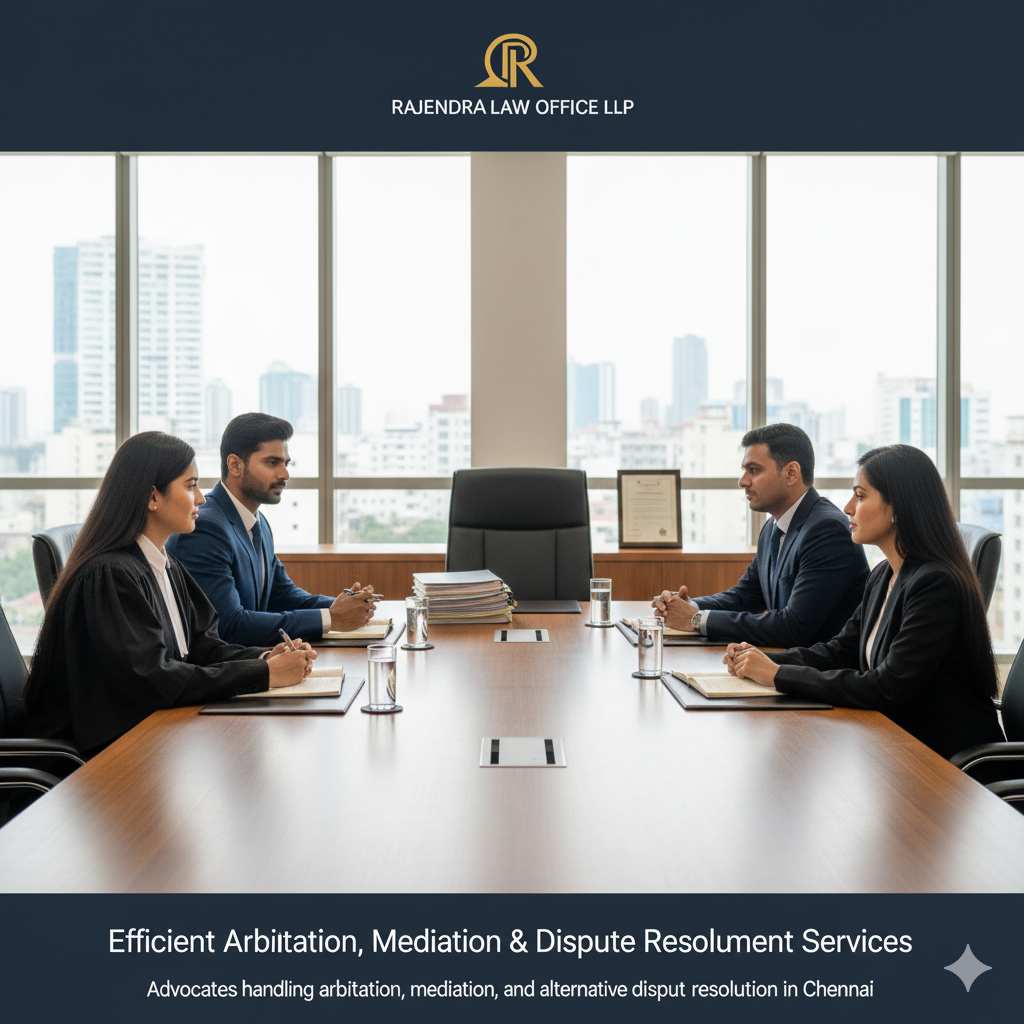 Arbitration & Dispute Resolution - Efficient Arbitration, Mediation & Dispute Settlement Services Alt text_ Advocates handling arbitration, mediation, and alternative dispute resolution in Chennai