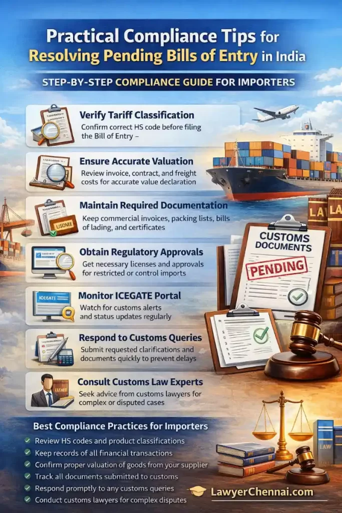 Pending Bill of Entries and Legal Queries: Resolving Unresolved Customs Matters in India Infographic