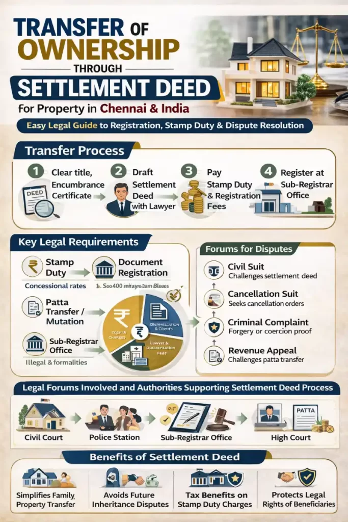 Transfer of Ownership Through Settlement Deed in Chennai – Property Registration, Stamp Duty, Legal Remedies & Property Lawyer Guide