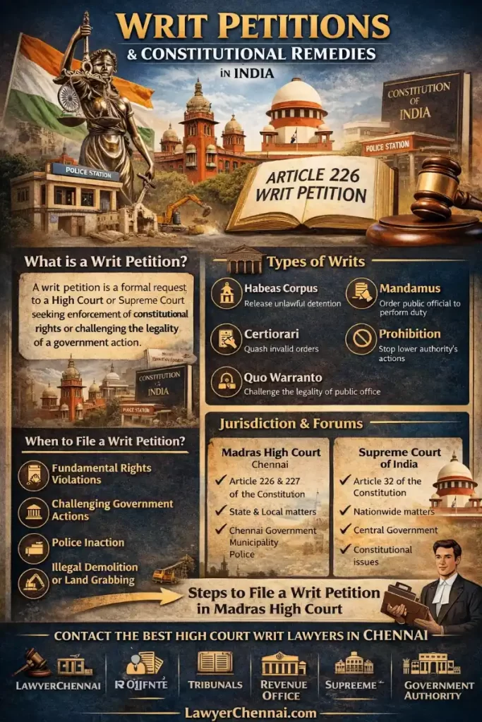 Infographic “Writ Petitions & Constitutional Remedies in India – Complete Legal Guide for High Court Relief” - Featured Image